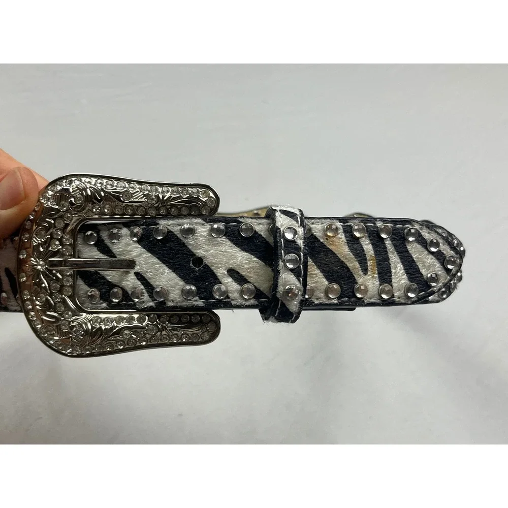 Nocona Zebra Print Calf Hair Western Belt Rhinestone Studded Scalloped Black 28